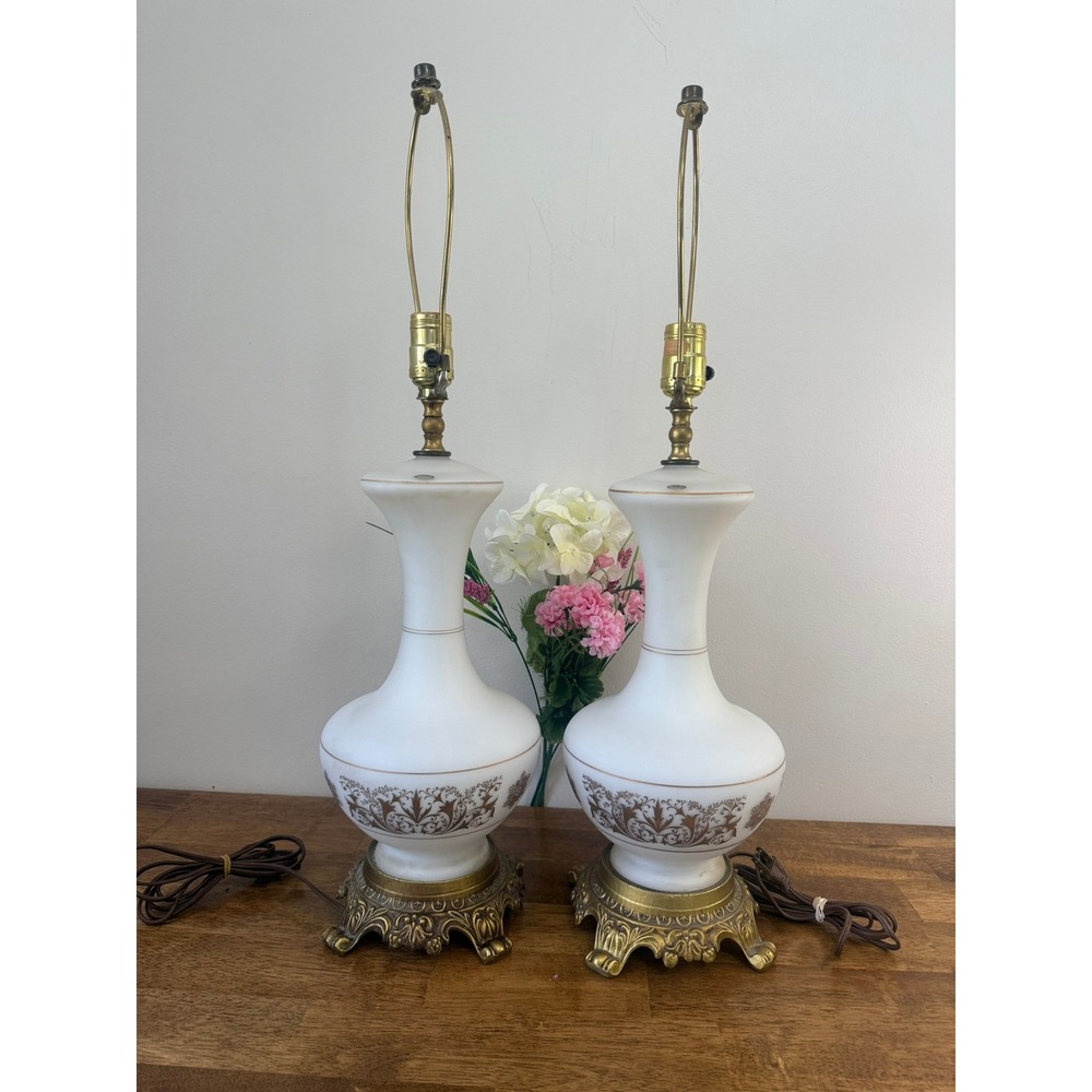 Vintage French Satin Glass Table White Lamps Pair Frosted‎ Glass Brass Retro
